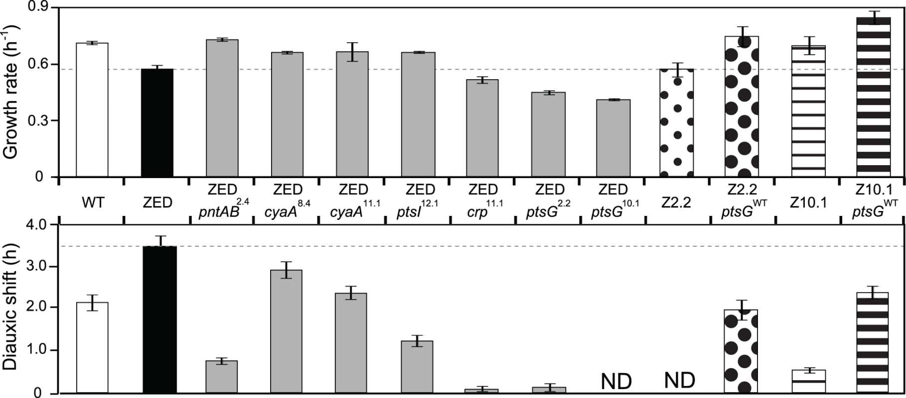 Effects of adaptive mutations on growth rates and diauxic shifts.