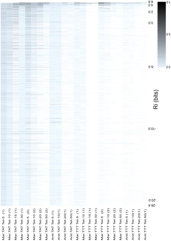 Relative fitness of all  binding sites as a function of binding site strength.