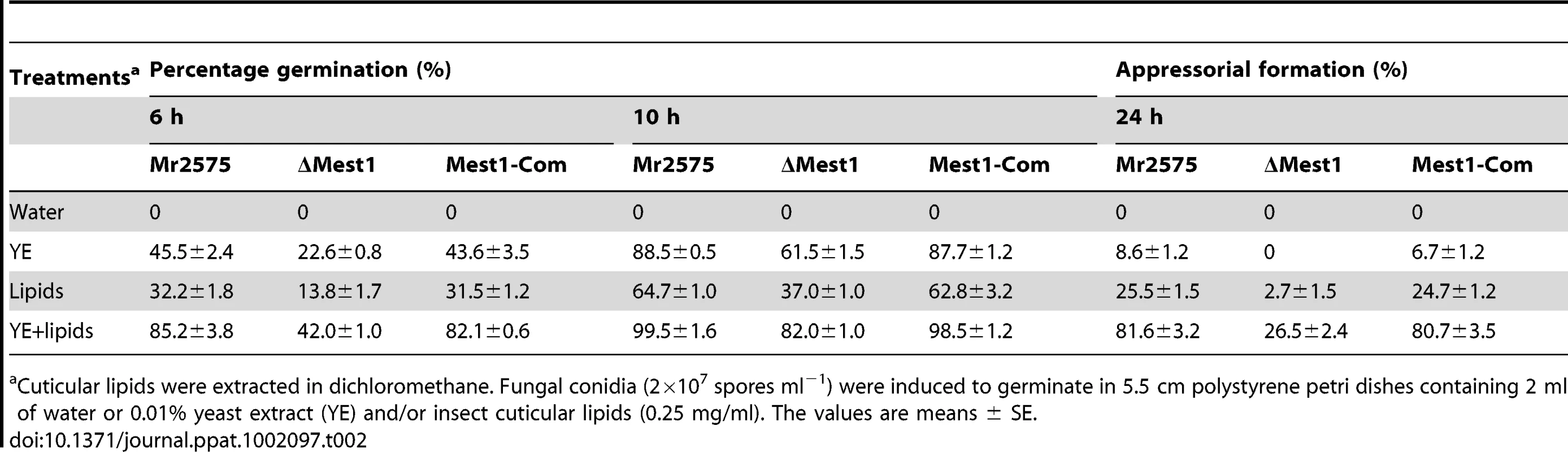 Effects of <i>Manduca sexta</i> cuticular lipids on conidial germination and appressorial differentiation of <i>Metarhizium robertsii</i> strains.