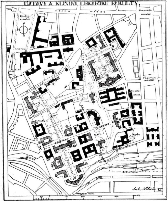 Podrobný projekt ústavů a klinik lékařské fakulty z roku 1920
Kliniky:
1. – porodnická a gynekologická,
2. – oční a otorhinolaryngologická,
3. – I. a II. interní a dětská,
4. – dermatologická,
5. – psychiatrická,
6. – balneologická,
7. – zubní a neurologická.
<strong>Teoretické ústavy:</strong>
8. – biologie,
9. – experimentální patologie,
10. – farmakologie, histologie,
11. – anatomie,
12. – bakteriologie,
13. – hygiena,
14. – chemie,
15. – budova pro děkanství, zasedací síň, čítárna,
16. – fyziologie,
17. – lékařský dům, přednášková síň, knihovna.