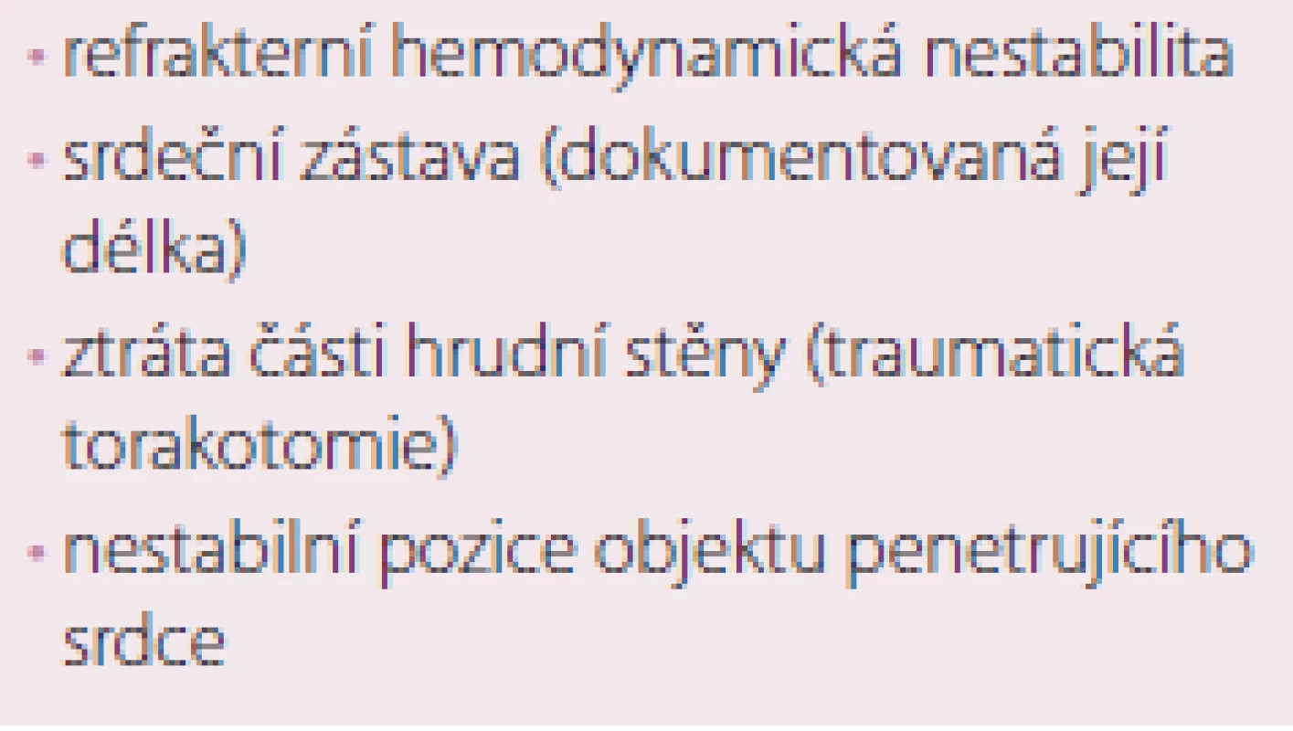 Indikace k emergentní thorakotomii u penetrujícího srdečního poranění [12].