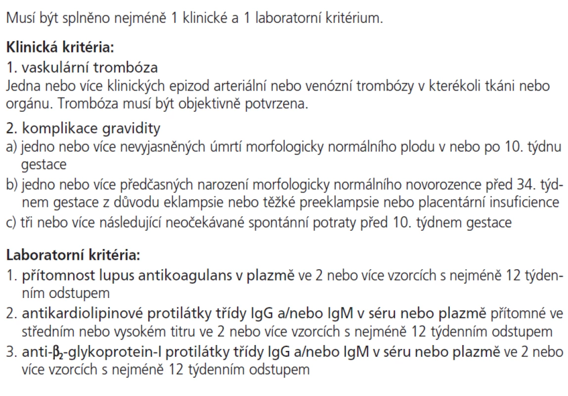 Diagnostická kritéria APS (upraveno dle revize diagnostických kritérií APS, Sydney 2004).