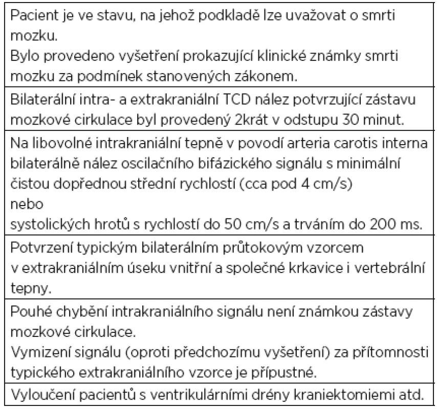 Podmínky průkazu smrti mozku za použití TCD