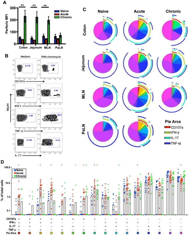 Comparison of NKp44<sup>+</sup>ILC functions within naïve, acute and chronically SIV-infected macaques.