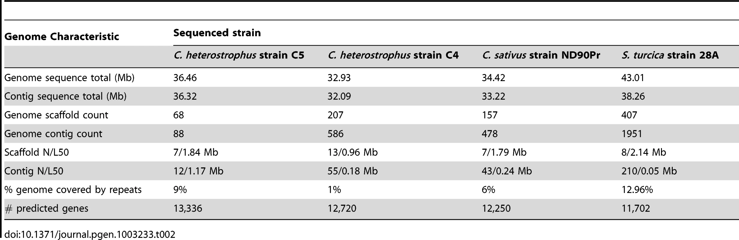 <i>C. heterostrophus</i> race O strain C5, race T strain C4, <i>C. sativus</i> and <i>S. turcica</i> genome statistics.
