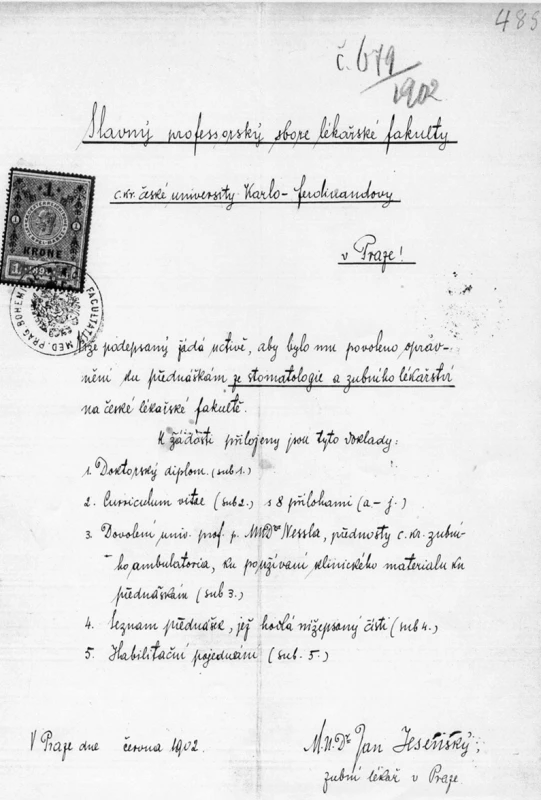 Žádost MUDr. Jana Jesenského o povolení přednášet stomatologii a zubní lékařství na České lékařské fakultě roku 1902.