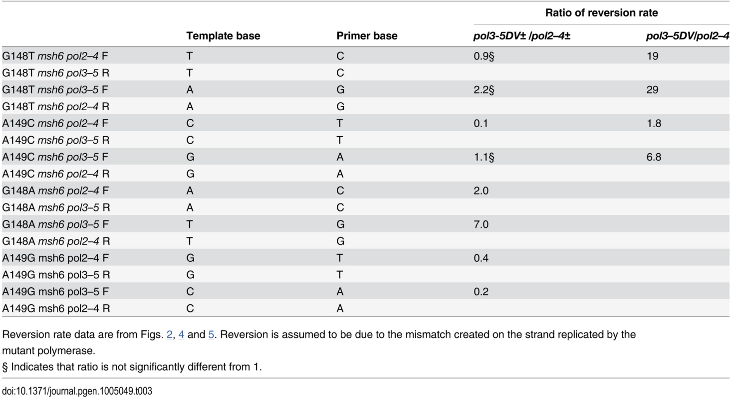 Comparison of reversion rates due to equivalent mismatches in <i>pol2–4</i> and <i>pol3–5DV</i> strains.