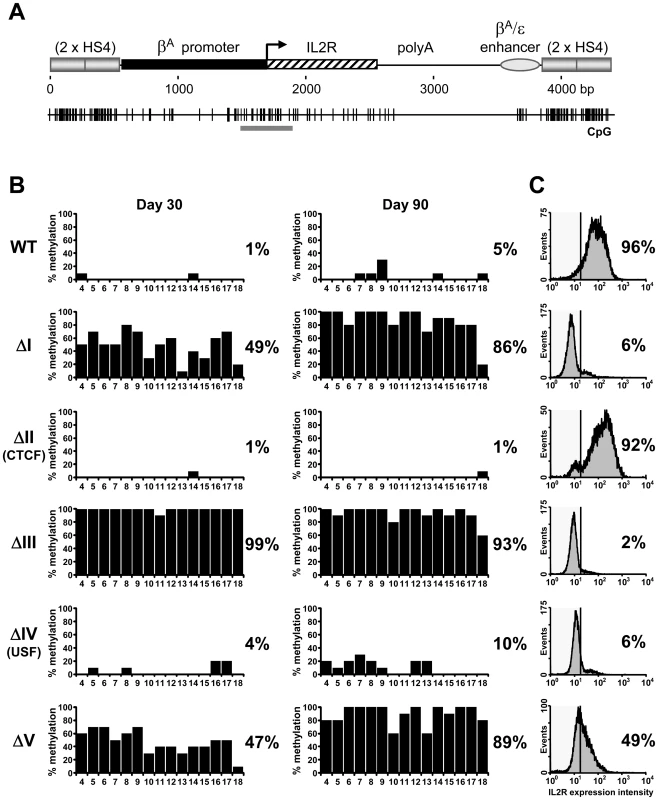 Three footprinted sites in the HS4 barrier protect a promoter from DNA methylation.