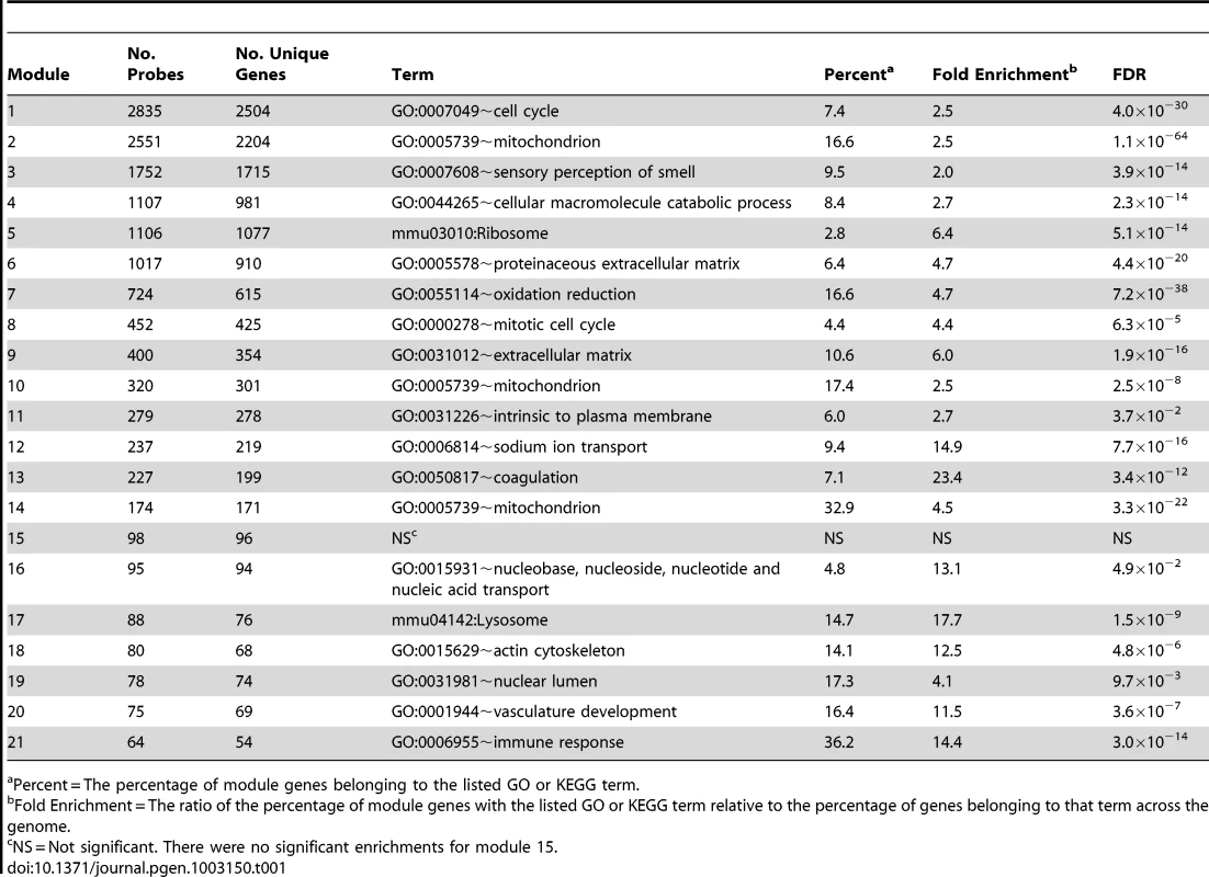 Number of genes and most significant functional enrichment for each of the 21 bone network modules.