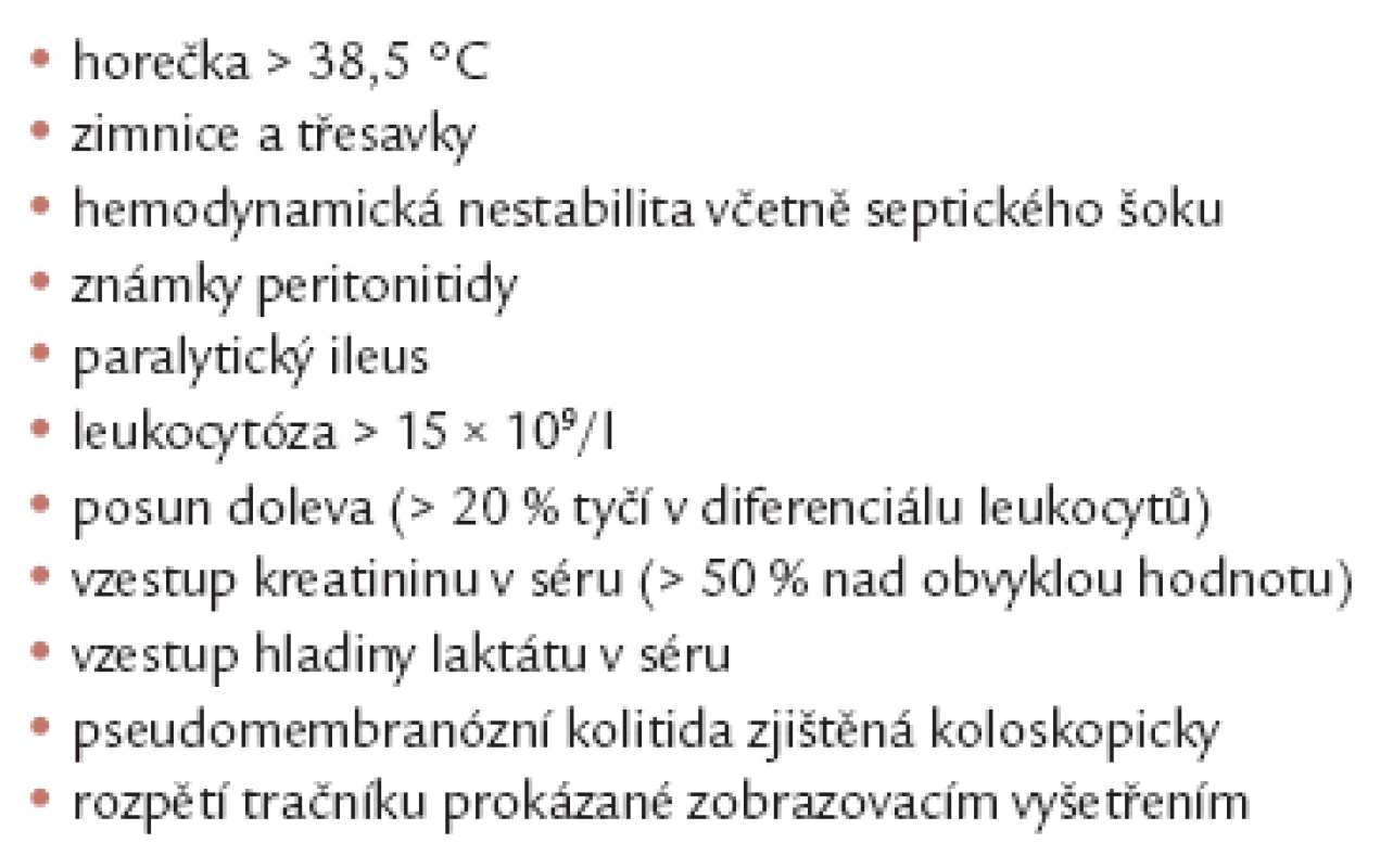 Příznaky svědčící pro těžký průběh CDI [9,10].