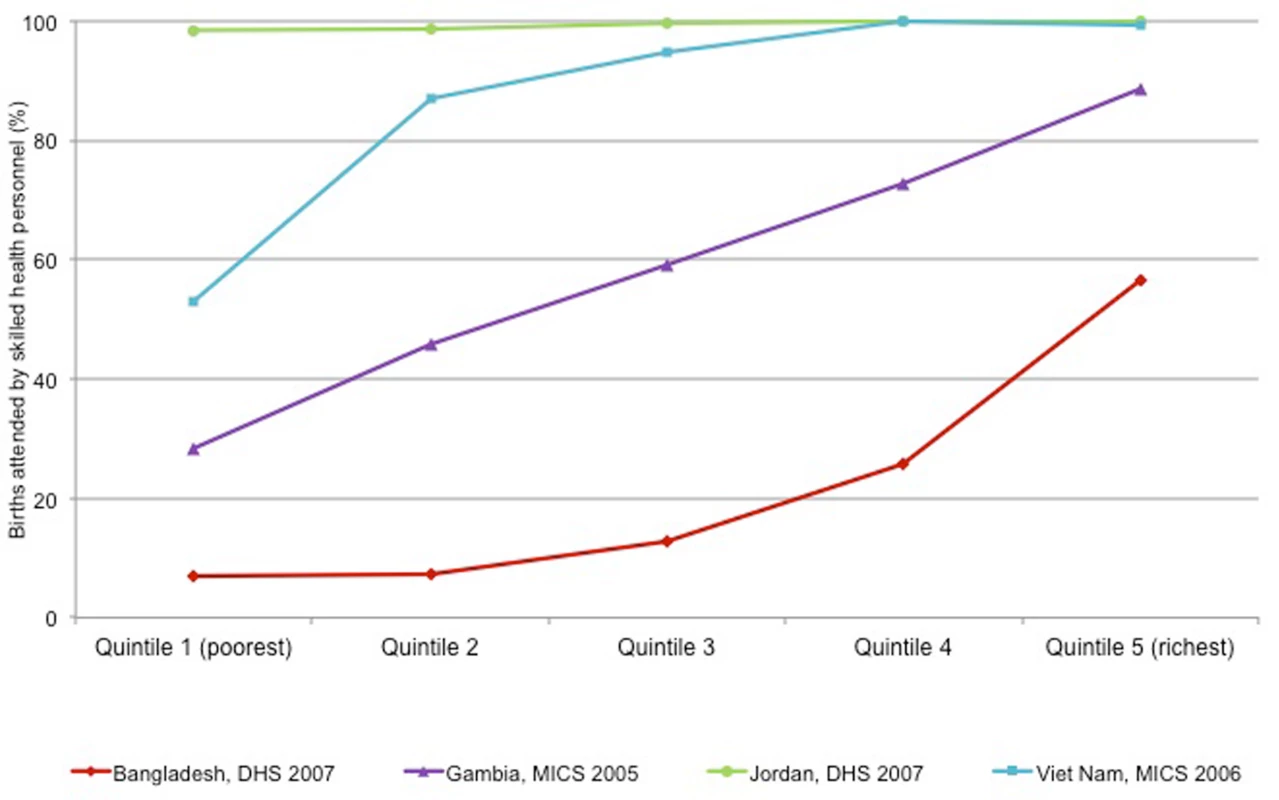 Patterns of inequality by wealth quintile, illustrated using births attended by skilled health personnel.