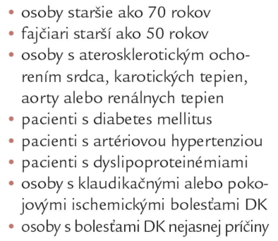 Skupiny osôb, ktorým by sa mal merať členkovobrachiálny index.