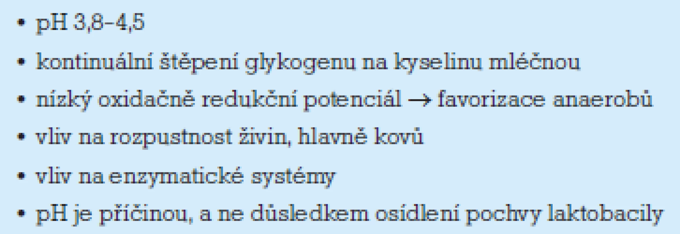 Kyselé poševní pH a oxidačně redukční potenciál.