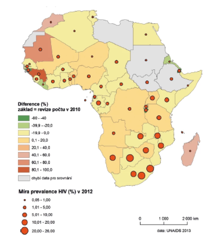 Míra prevalence HIV v dospělé populaci: srovnání let 2010 a 2012 
Figure 6. HIV prevalence rates in the adult population: comparison 2010 and 2012