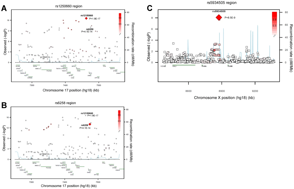 Regional association plots for single-nucleotide polymorphisms rs12150660, rs6258, and rs5934505.