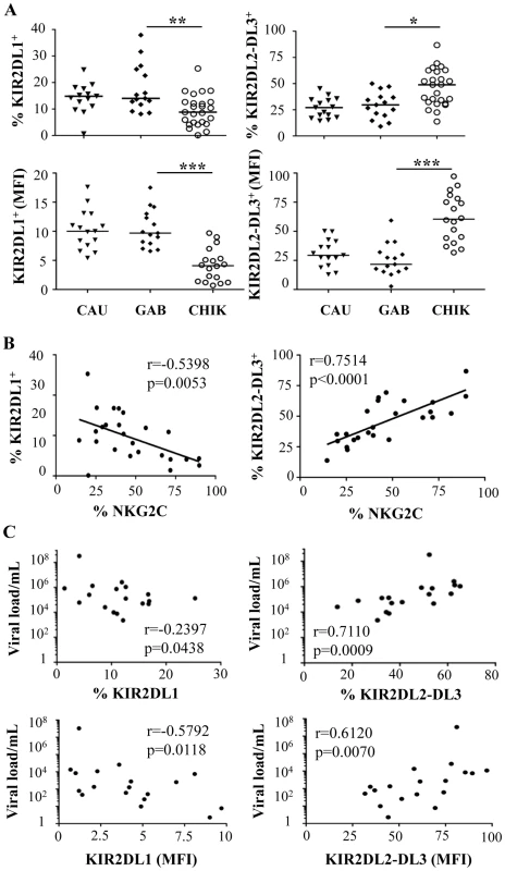 Specific modulation of HLA-Cw ligands on CD3<sup>-</sup>CD56<sup>+</sup> NK cells from CHIKV-infected patients.