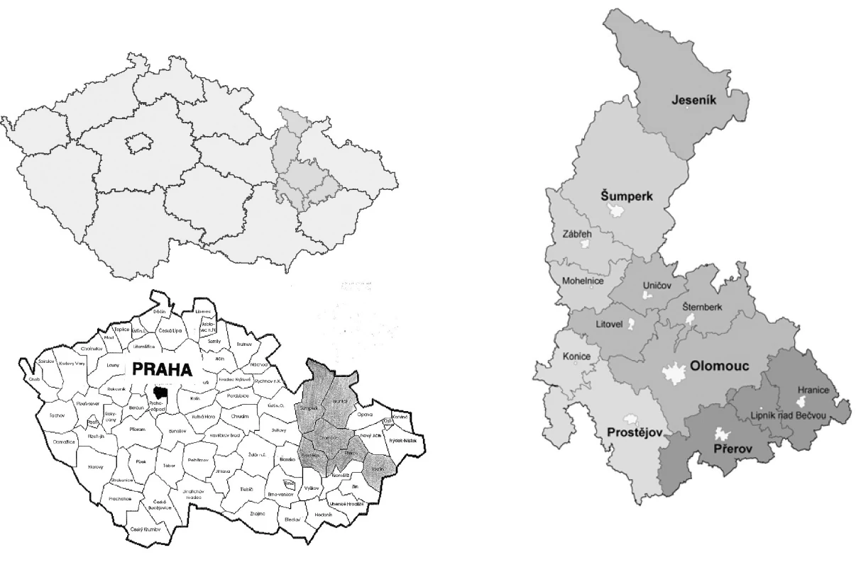 <b>(a-b)</b> Olomoucký kraj (ke 31.3.2009 bylo v Olomouckém kraji 641 883 obyvatel, v České republice jich ke stejnému datu bylo 10 476 543) [6, 7]; <b>(c)</b>: Olomoucký perinatologický region do r. 2000