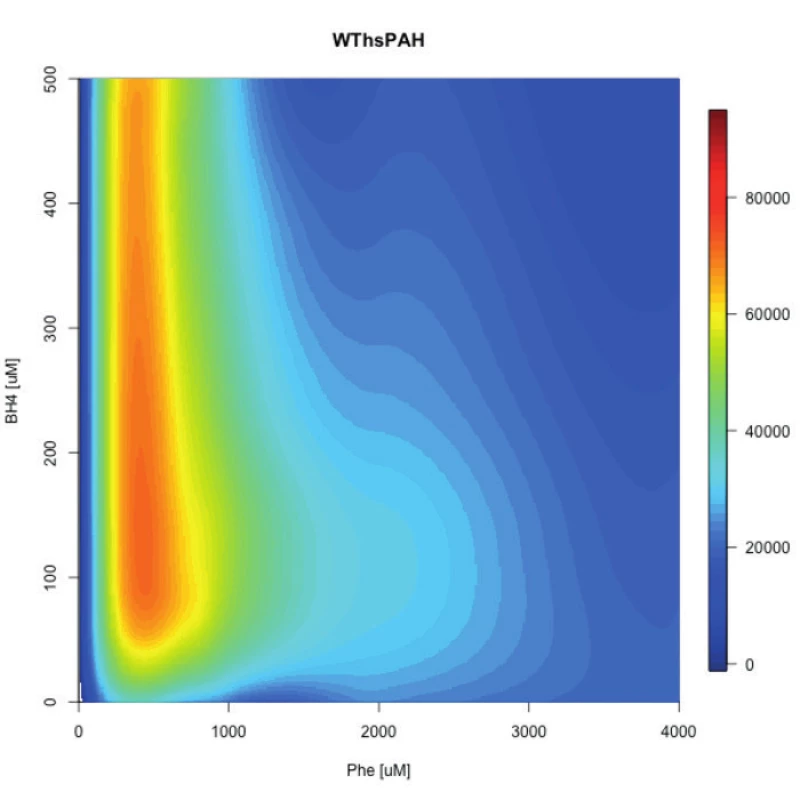 Pole aktivity PAH divého typu v in vitro podmienkach. Os X znázorňuje koncentráciu Phe, os Y koncentráciu BH4. Obrázok bol prevzatý z internetovej databázy http://pah-activitylandscapes.org/.
Fig. 1. Activity landscape of wild type PAH invitro. The X axis represents Phe concentration, Y axis represents BH4 concentration. This figure was taken from online database http://pah-activitylandscapes.org/.