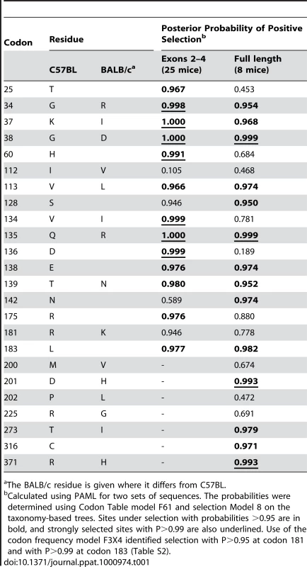 Sites that distinguish the mA3 genes in virus-restrictive C57BL and virus-nonrestrictive BALB/c mice, and sites under positive selection.