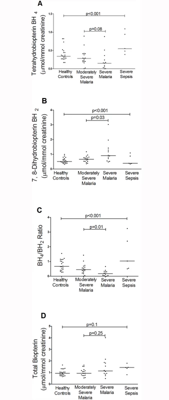 Urinary BH4, BH2 concentrations, BH4/BH2 ratios and Biopterin concentration in each group on enrollment (Kruskal-Wallis: p<0.001). Horizontal bars represent pairwise comparisons between disease groups.