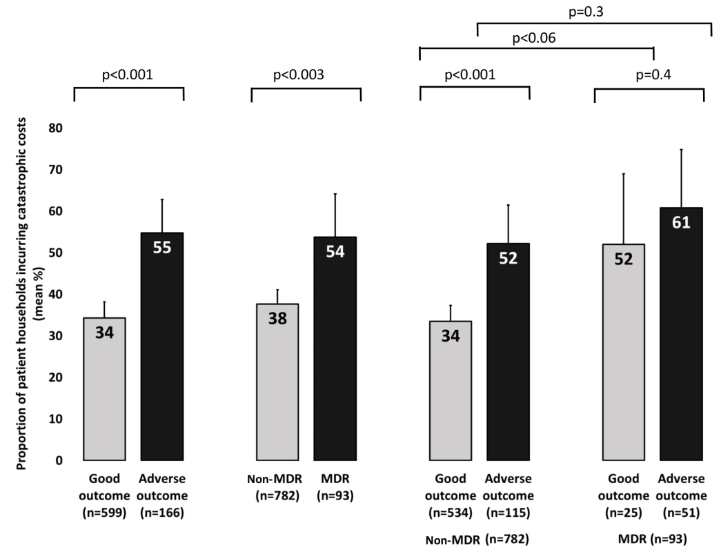 Patient households incurring catastrophic costs by TB resistance profile and adverse TB outcome.