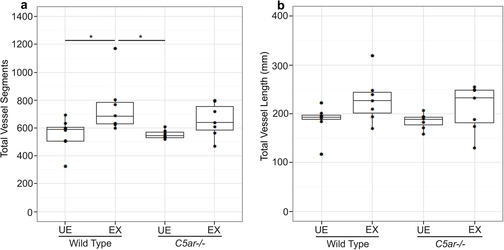 Quantitative analysis of fetal cerebral vasculature using a vessel segmentation algorithm determined (a) the number of vessel segments and (b) the total length of all vessel segments (mm) of wild-type unexposed (WT UE, n = 8), wild-type malaria exposed (WT EX, n = 7), C5a receptor knockout unexposed (<i>C5ar-/-</i> UE, n = 7) and C5a receptor knockout malaria-exposed (<i>C5ar-/-</i> EX, n = 7) offspring.
