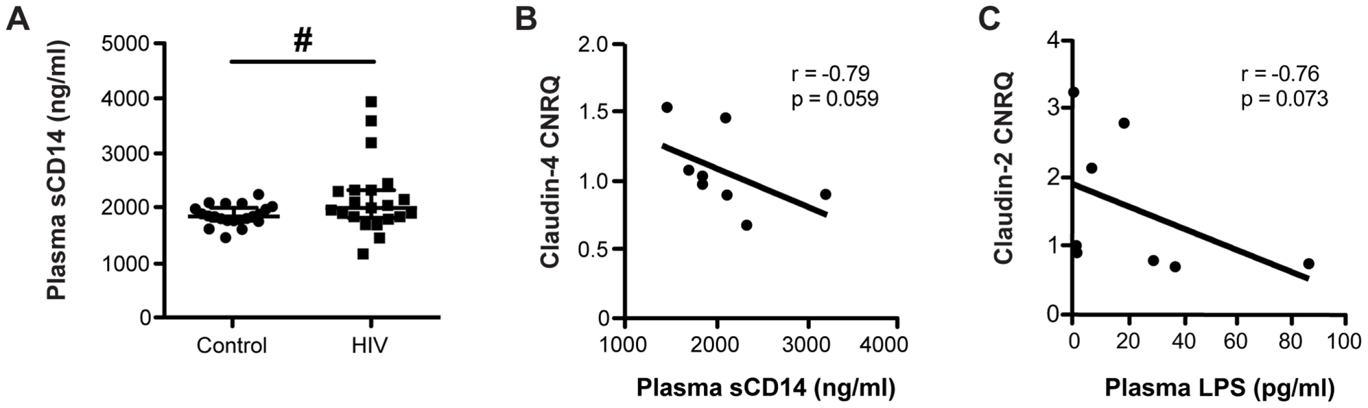 Microbial translocation and systemic immune activation marker levels inversely correlate with colonic TJ transcript levels.
