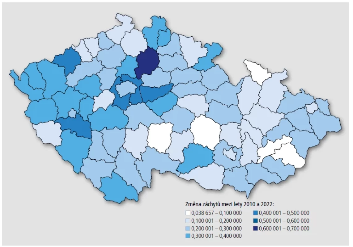 Mapa nárůstu počtu diagnostikovaných diabetiků podle jednotlivých regionů ČR. Změna záchytů mezi lety 2010 a 2022.