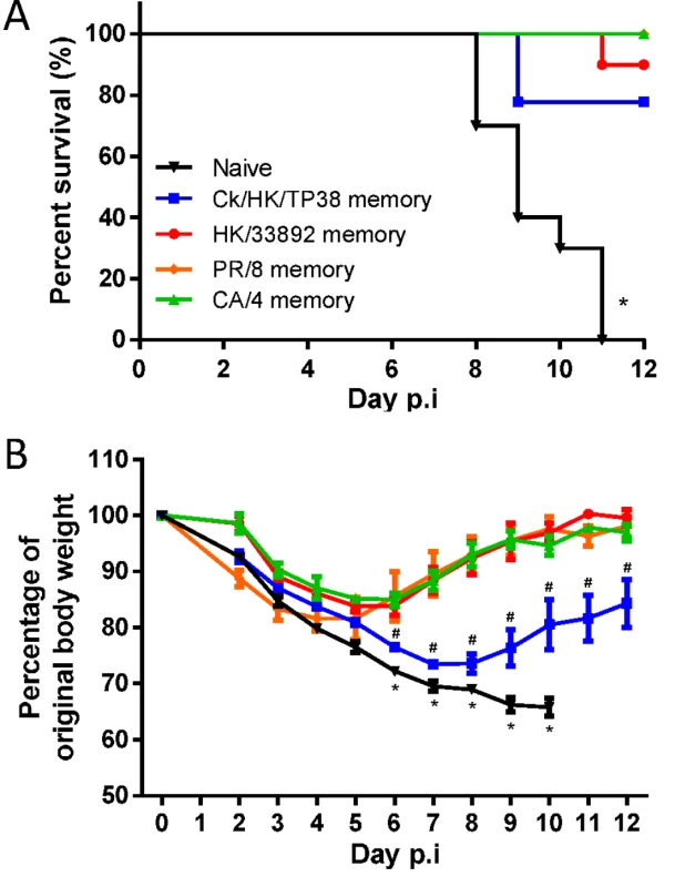 The disease course in naive or primed (with H1N1 or H9N2 IAVs 10–12 weeks previously) mice following challenge with the H7N9 virus.