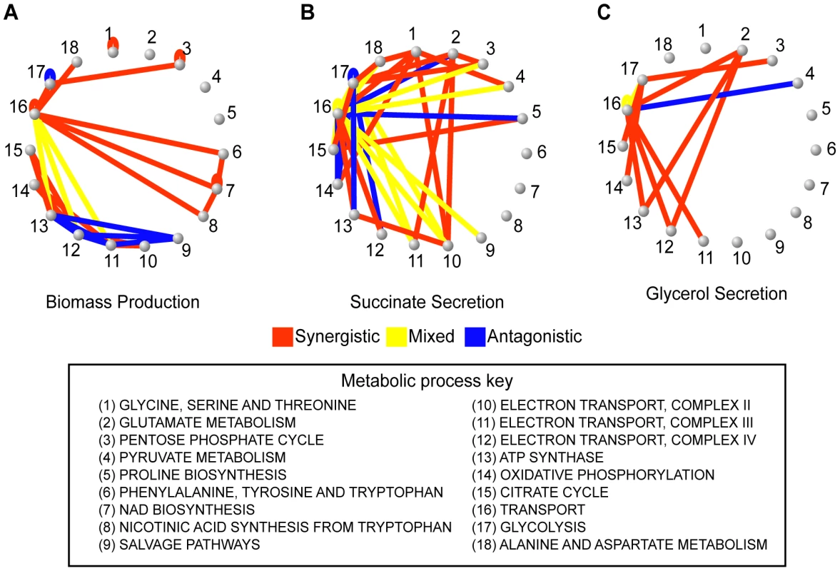 Epistatic networks with respect to growth rate and two other flux phenotypes.