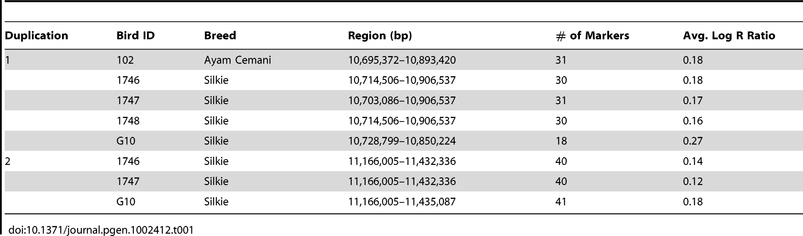 Duplicated genomic regions associated with the FM phenotype identified using SNP data from the 60K Chicken iSelect chip on an individual basis.