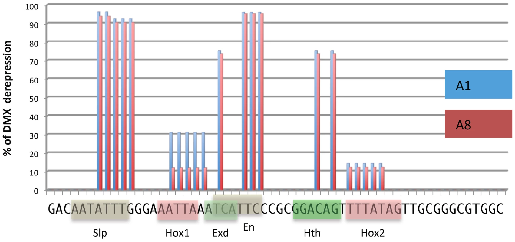 DMX-R cis sequence requirements for repression by Ubx/AbdA and AbdB.