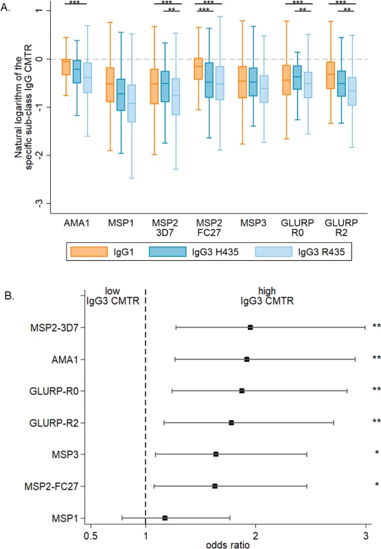 The cord-to-mother transfer ratio of malaria-specific IgG1, IgG3-R435, and IgG3-H435.