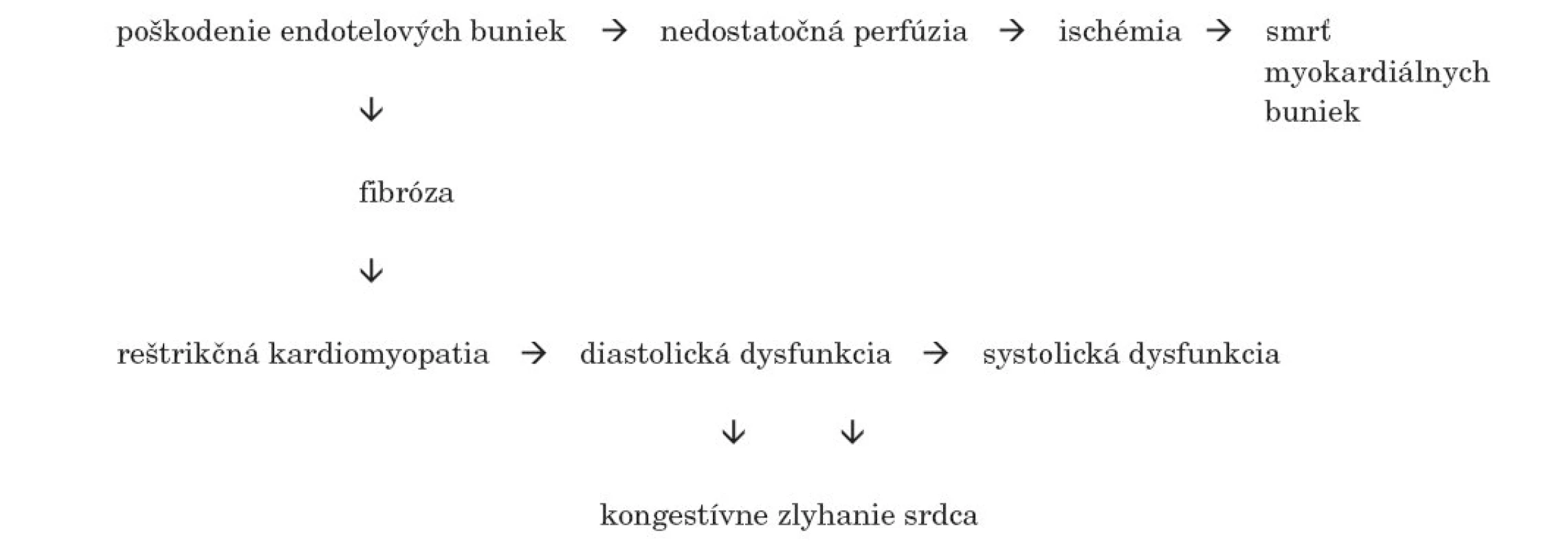 Schéma 1. Zjednodušený patofyziologický mechanizmus vzniku kardiomyopatie a srdcového zlyhania po rádioterapii.