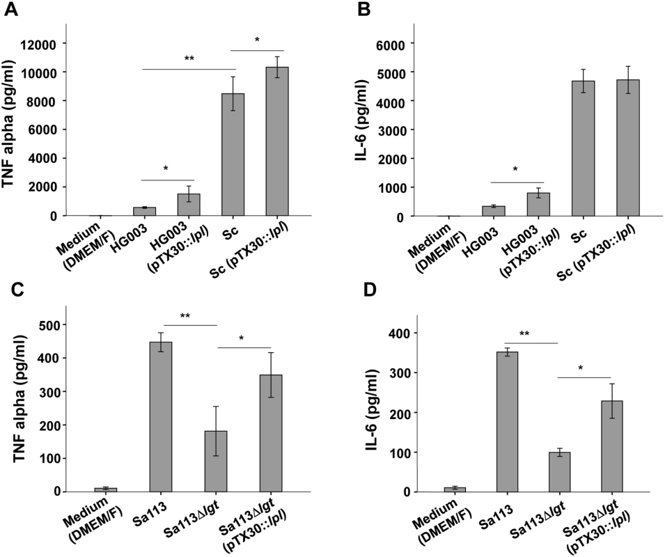 Induction of TNF-α, IL-6 by Mono Mac 6 cells infected with various staphylococcal strains.