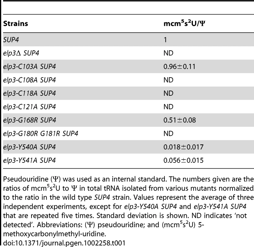 Relative amounts of mcm<sup>5</sup>s<sup>2</sup>U analyzed by HPLC in various <i>elp3</i> mutants.