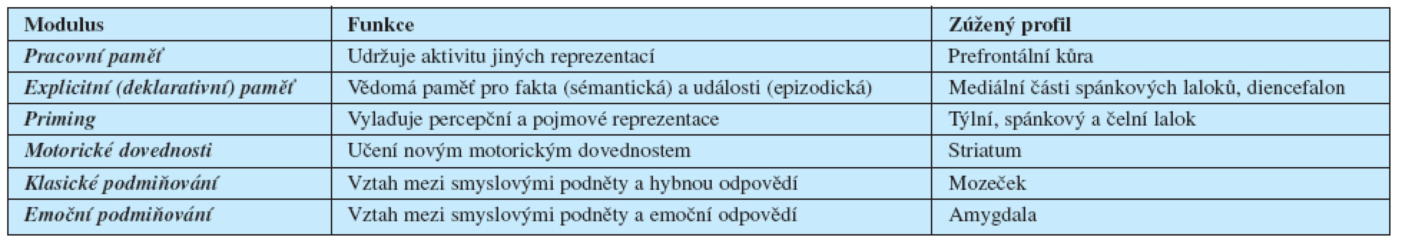 Jedna z klasifikací paměťových „modulů“ lidského mozku (12).
(Výhodou je přehlednost a jednoduchost)