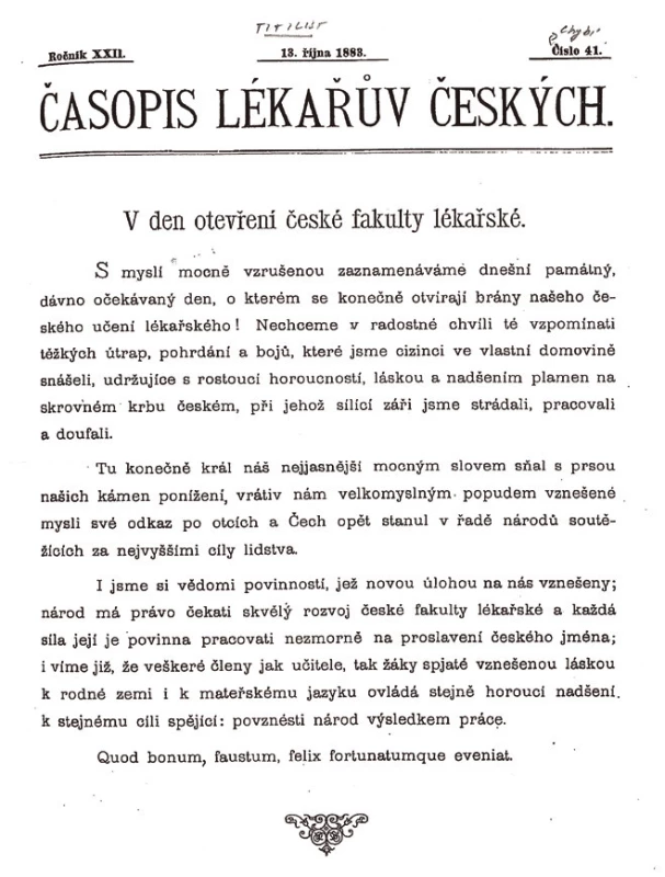Titulní strana ČLČ s oznámením o zahájení výuky na české lékařské fakultě