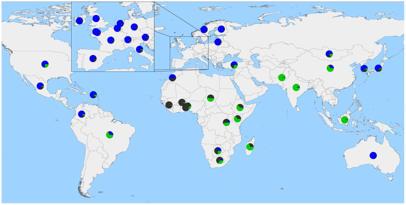 Worldwide map with country averages of ancestry proportions with 3 ancestral populations (<i>K</i> = 3).