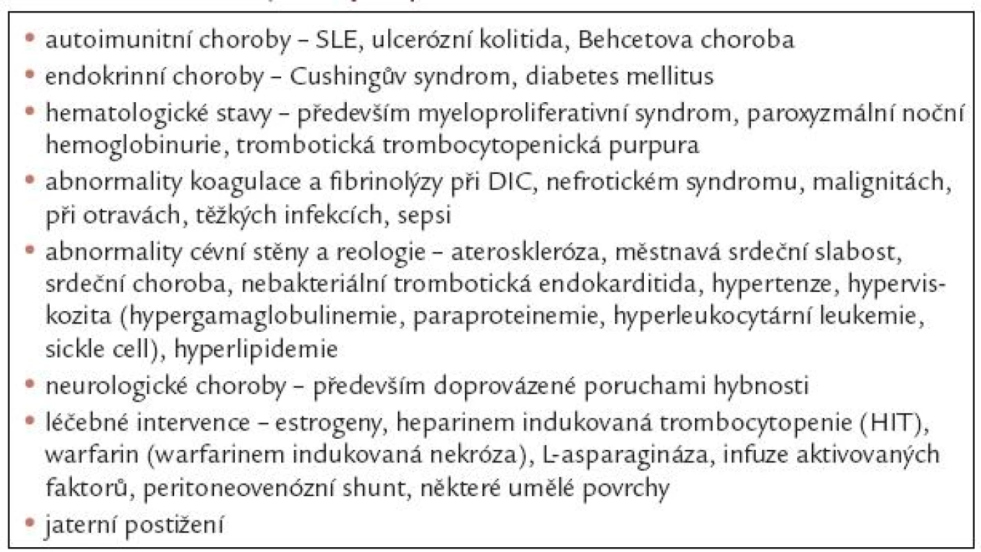 Klinické stavy častěji doprovázené trombózou.