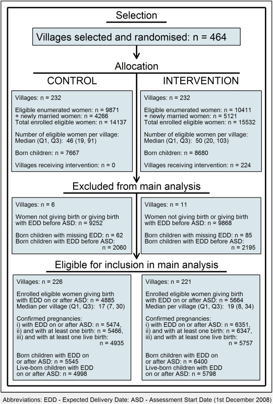 Flowchart: Clusters, women, and children at trial entry and in final analysis.