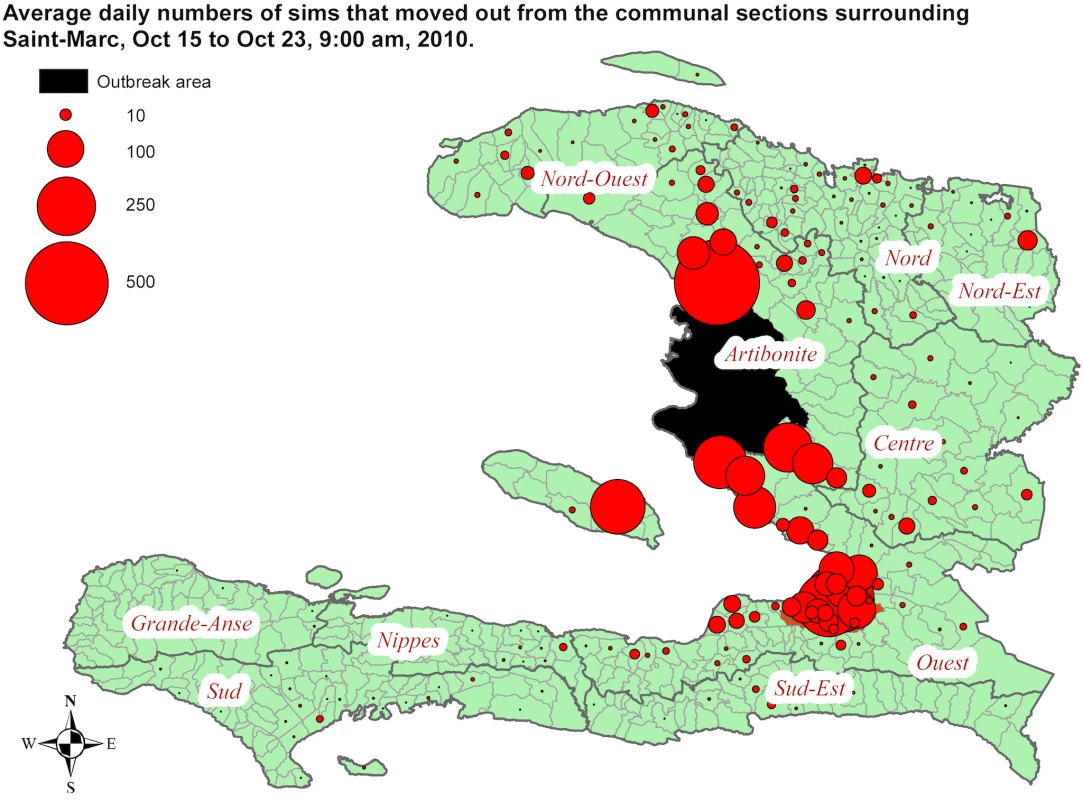 Average daily numbers of SIMs moving out of the cholera outbreak area.