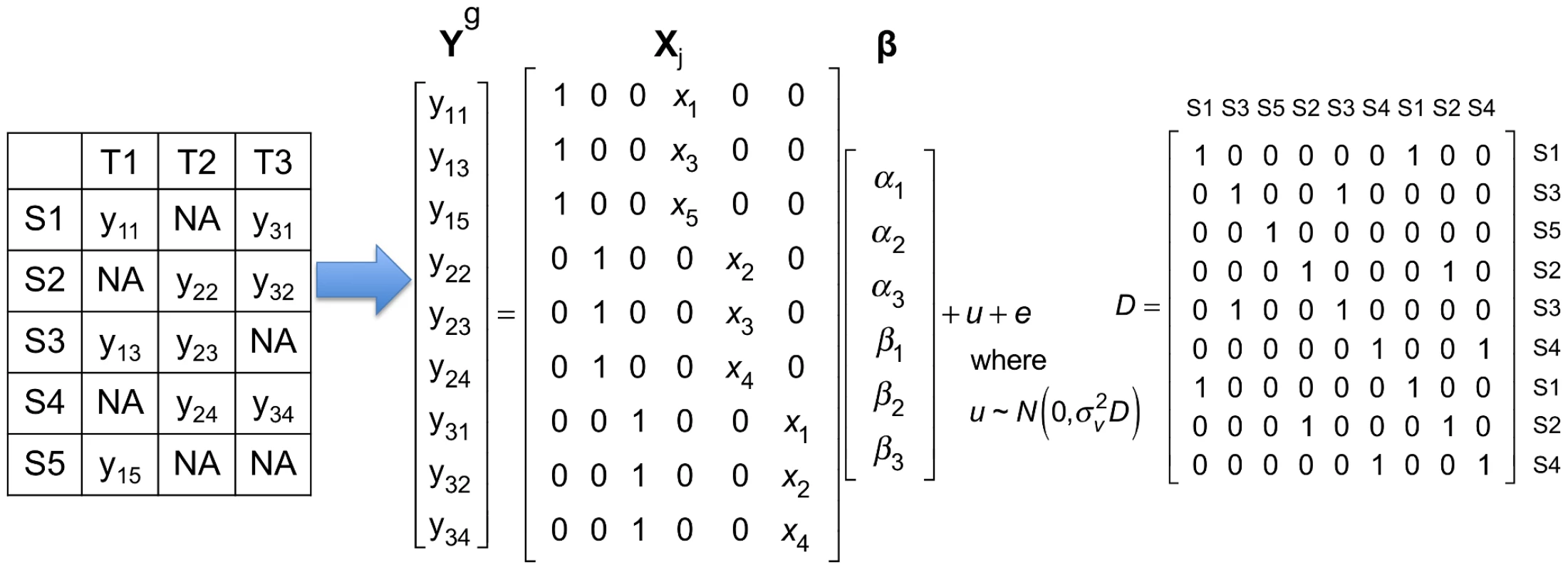 A simple example showing how gene expression and SNP in multi-tissue eQTL studies are encoded in the mixed model of Meta-Tissue.