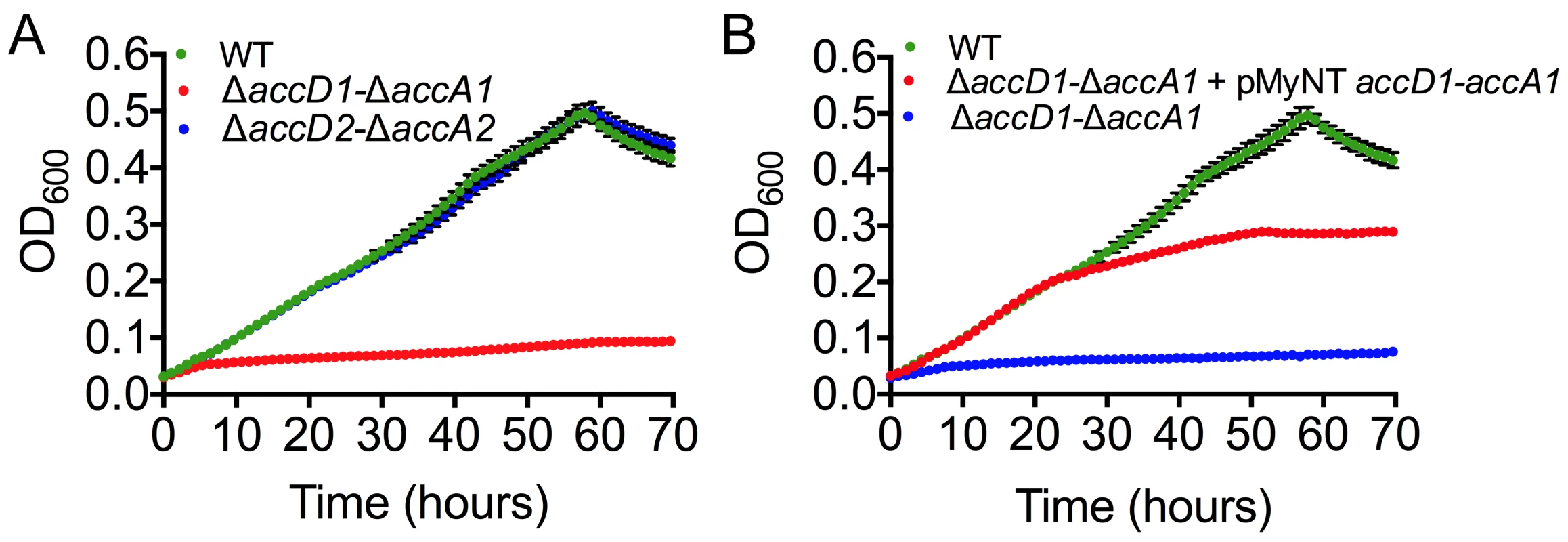 Growth phenotype characterization and complementation of mycobacterial accD1 and accA1 genes.