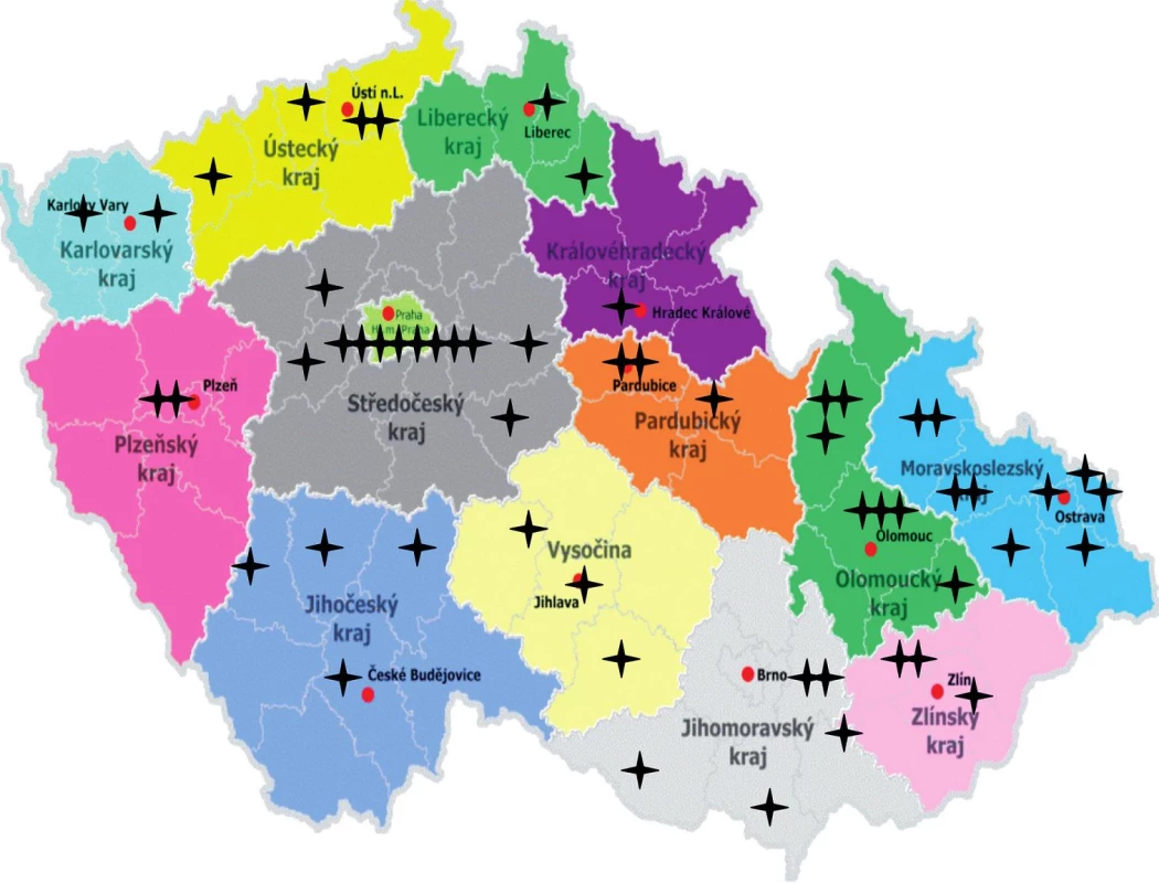 Mapka pracovišť fototerapie v ČR.
