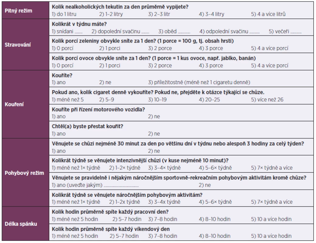 Otázky ke zjištění vybraných aspektů životního stylu řidičů nákladních vozidel