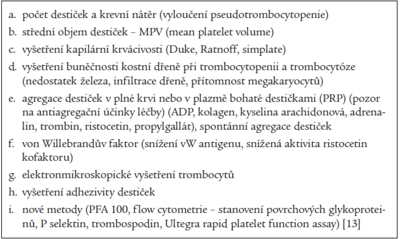 Základní vyšetřovací metody při zjišťování poruch destičkových funkcí.
