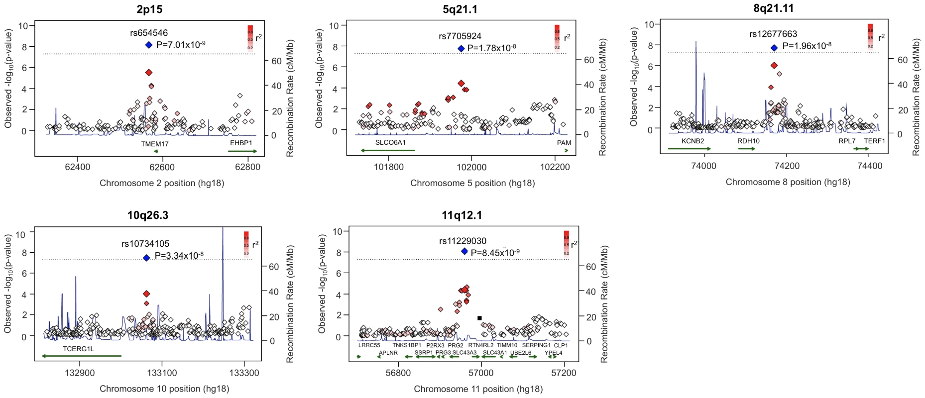 Regional plots of five novel associations to Crohn's disease in Ashkenazi Jews.