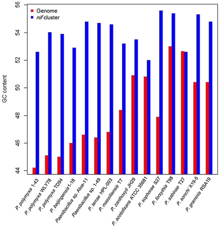 Comparison of G+C contents of the <i>nif</i> clusters with those of the average of the chromosomal genomes.