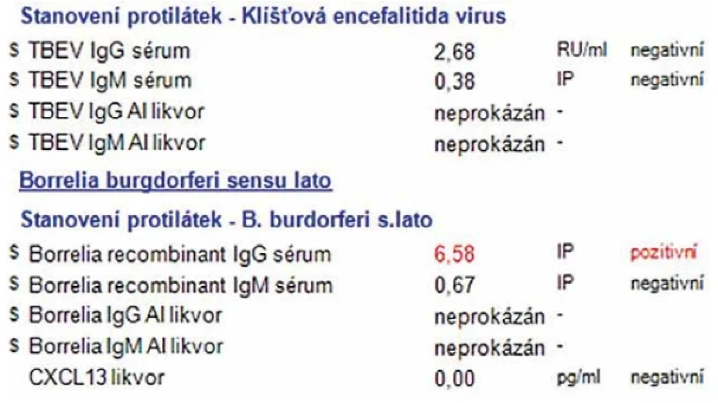 Výsledky sérologie u pacienta s PCR pozitivní TBEV (foto B. Macúchová, vlastní fotografie, Laboratoře AGEL a.s.) Figure 5. Serology in a TBEV PCR-positive patient (photo by B. Macúchová, original photograph, AGEL Laboratories, Inc.)